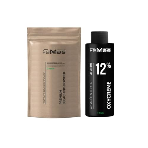 FemMas Kit blanchiment : poudre décolorante 100 g et oxycrème 100 ml | Kit parfait pour cheveux blonds | Jusqu'à 9 tons plus clairs