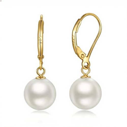 Orecchini Perle Argento Sterling 925 Orecchini Pendenti Leverback Perle per Donna Perla Gioielli Regali Perla Bianco 10 mm Placcati oro