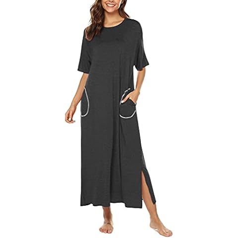 BESDELCotton Knit Short Sleeve Nightgown for Women Full Length Sleep Dress with Pockets Dark Grey XXL Cover