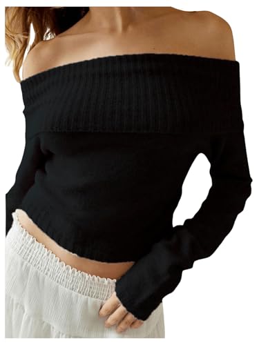 MakeMeChic Women's Pink Sweater Off The Shoulder Tops Cute Long Sleeve Cropped Knit Sweater