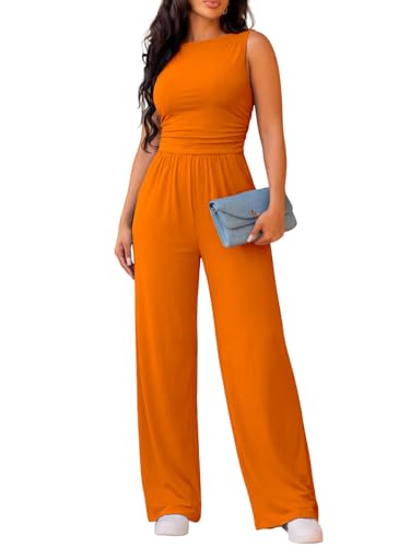 Nimsruc Jumpsuits For Women One Piece Sleeveless Crewneck Wide Leg Rompers Casual Vacation Summer Sexy Jumpers With Soft Orange L