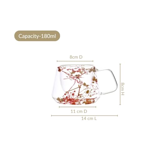 Image of Nestasia Double Wall Glass Mug with Dried Flowers Set of 2 (180ml Each) - Transparent Borosilicate Floral Glass Tea Cups | Lightweight & Durable Coffee Mugs - Perfect for Gifting (Pink)