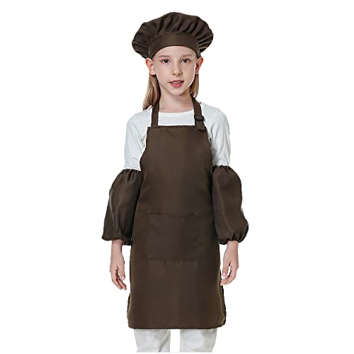 Kinder-Koch-Outfit-Schürzen-Set, Kochmütze, Ärmel, Schürzen für Kinder - Jungen und Mädchen, verstellbar, Kinder-Koch-Kostüm, Küche, Kochen und Backen (4-15 Jahre, braun) Cover