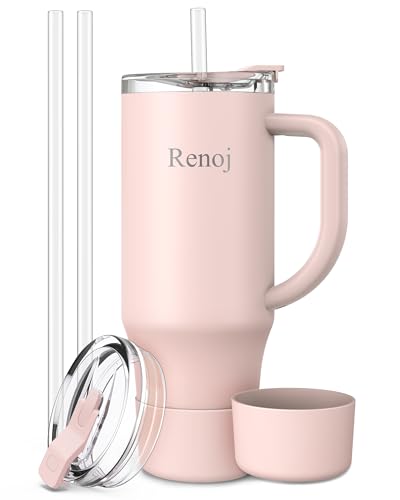 Image of Renoj Insulated Mug 100% Leak Proof Insulated Water Bottle for Iced Coffee & Hot Drinks - Fits Car Cup Holder, Ideal Gift, 2 Straws & Silicone Boot - SnapShift Light Pink 32 oz