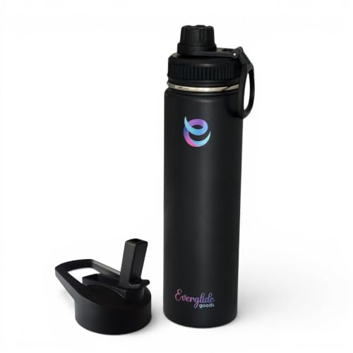 EverGlide Goods 24oz Insulated Water Bottle with 2 Lids (Straw + Spout) - Double Wall Vacuum Stainless Steel, Leak Proof, Wide Mouth, Cold 24 Hrs/Hot 12 Hrs, BPA Free - Gym Sports Travel (Black)