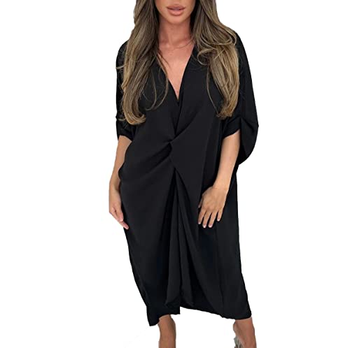 Women’s Ladies V-Neck Knot Twist Short Sleeve Baggy Oversized Loose Fits Smock Midi Casual Longline Summer Dresses for Women Black 12-24