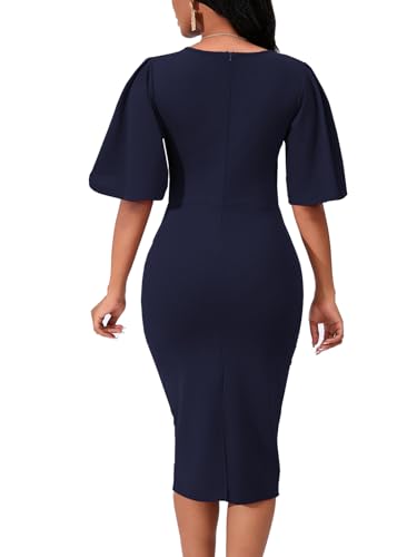 Image of WanMem Womens Basic Bodycon Ruffle Flared Short Sleeve Pencil Midi Dress