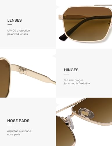 SOJOS Retro Polarized Square Sunglasses Womens Men Vintage Double Bridge Metal Frame UV Protection Sun Glasses SJ12464