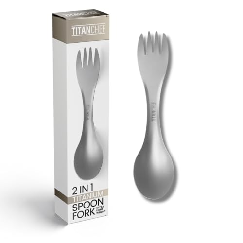TitanChef Titanium Spork – Lightweight 2-in-1 Spoon & Fork Combo | Eco-Friendly Outdoor Camping Cutlery, 6.5-inch Portable Titanium Spork with Storage Bag (Sandblasted Finish)