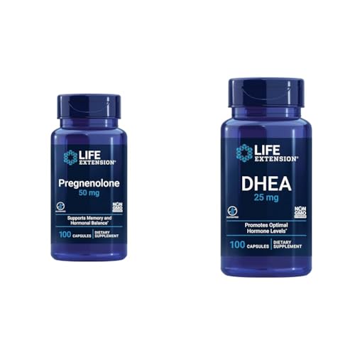 Life Extension Pregnenolone 50mg and DHEA 25mg - Hormone Balance and Anti-Aging Supplements - 100 Capsules Each