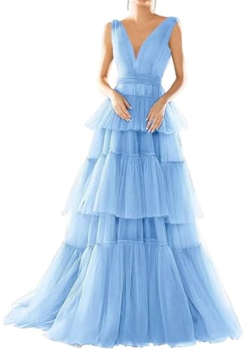 SAYNO Vestido de tul para mujer, sin mangas, informal, para novia, espalda descubierta, con cordones, Celeste, 38