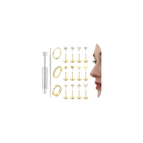 THUNARAZ 14K Gold Nose Rings Studs for Women Men Surgical Steel Threadless Push in Nose Piercings Flat Back Hypoallergenic Gold Nose Ring Hoop Stud Cartilage Tragus Conch Lip Helix Piercing Jewelry 20G 6MM