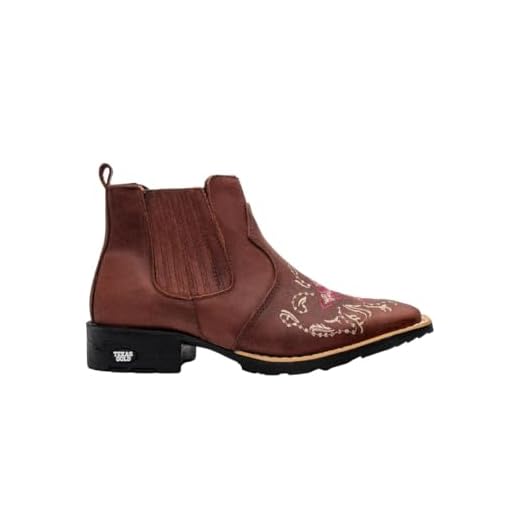 Bota Feminina Texana Em Couro Café Cano Curto Bordado Bico Quadrado (Marrom, BR, Adulto, Numérico, 35)