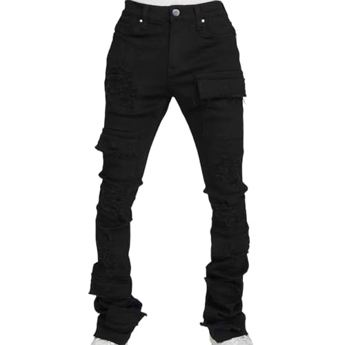 Stacked Jeans Men Ripped Raw Trim Stretch Fit Skinny Vintage Denim Pants Slim Fit Fashion Trousers Streetwear (Black, M)