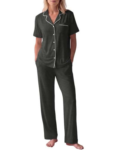 Image of HNG Women Pajamas Set 2 Piece Button Up Pajamas Pant and Short Sleeve Shirt for Woman Pj Sets with Pocket