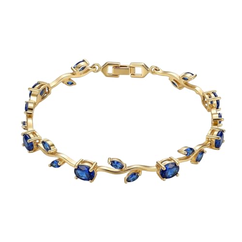 Image of Inites - Anti Tarnish Fairy Bloom Floral Tulip Bracelet With Blue Crystal Stones For Women & Girls | Elegant Floral Branches Golden Chain Link Bracelet Lightweight Jewelry For Daily Wear & Gifts