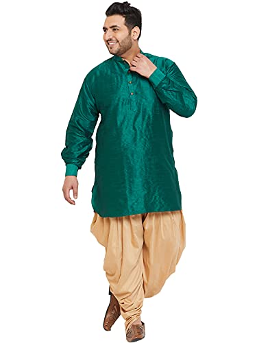Image of VASTRAMAY Men's Silk Blend Solid Plus Kurta And Dhoti Set - Classic Ethnic Attire for Cultural Celebrations | Curved Hem Kurta With Contrast Cowl Dhoti Set