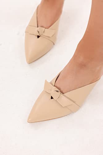 Coutgo Womens Bow Knot Mules Kitten Heel Pumps Slip On Heeled Sandals Pointed Toe Slides Backless Dress Shoes #TOP2