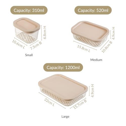 Image of Nestasia Groovo Glass Containers with Lid Set of 7 (310ml x 4, 520ml x 2, 1200ml x 1) - Transparent Stackable Fridge Storage Box, Microwave & Dishwasher Safe (Beige)
