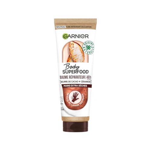 Garnier Body Superfood - Baume Mains Réparateur 48H au Beurre de Cacao & Céramide - Formule Vegan à 98% d'Ingrédients d'Origine Naturelle - Pour Mains...