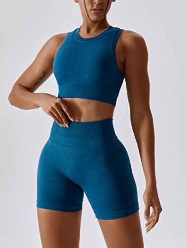 Image of Workout Sets for Women 2 Piece Seamless Ribbed Tank Top Sport Bra High Waist Biker Shorts GYM Yoga Exercise Outfits