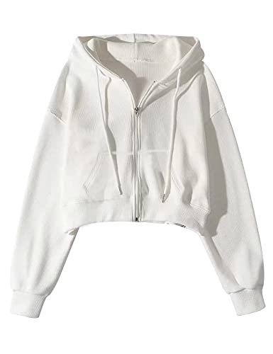 Yimoon Cropped Zip Up Hoodie for Women Waffle Knit Vintage cropped Sweatshirt Casual Long Sleeve Hooded crop jacket(White-Medium)