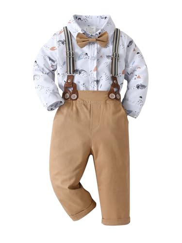 Boarnseorl Baby Boys Gentleman Outfits Pants Sets, Infant Long Sleeve Shirt + Pants + Bow Tie + Suspenders