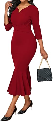 Image of Elegant Dress for Women Sexy V Neck Long Sleeve Bodycon Midi Fishtail Dresses