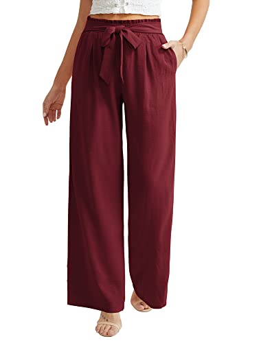 Feiersi Women's Wide Leg Pants High Waist Adjustable Knot Casual Long Trousers Loose Flowy Beach Palazzo Pants(Wine Red,Small)