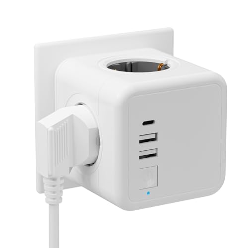 Steckdosenwürfel Ohne Kabel, 7 in 1 Steckdosenwürfel, 4 Fach Cube Steckdosenleiste mit Schalter, Mehrfachstecker mit 2 USB-A & 1 USB-C, Mehrfachsteckdose Ohne Kabel für Küche Reise Büro, 16A 3680W MAX