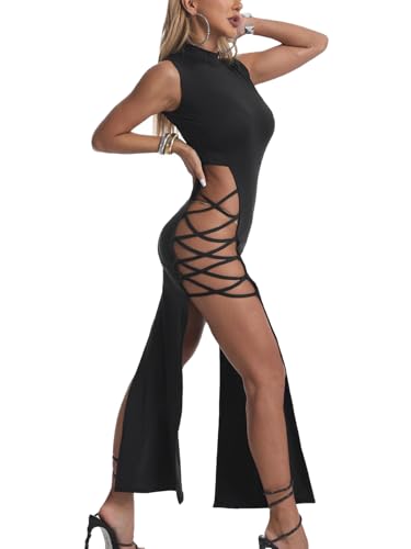 KJSUHFN Women's Sexy Cutout Bodycon Dress High Slit Long Maxi Dress (US, Alpha, Medium, Regular, Regular, Black)