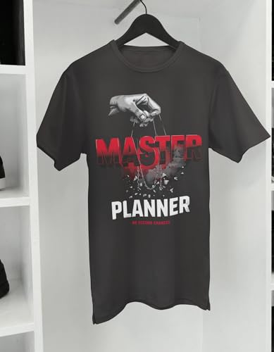 Image of Oversized Charcoal Grey Graphic T Shirt for Men | Drop Shoulder Loose Fit | Master Planner Motivational Print | Streetwear Casual Cotton Tee