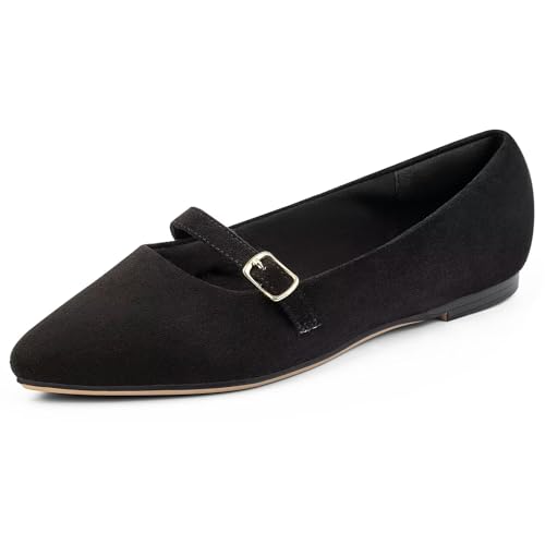 MUSSHOE Women Flats Comfortable Pointed Toe Flats Shoes with Strap,Black Suede 8