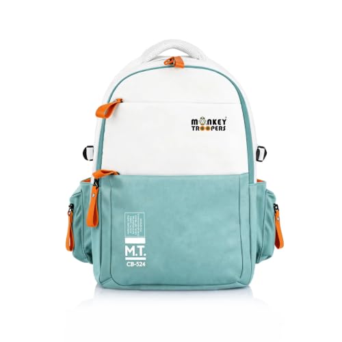 MONKEY TROOPERS Bouje 27L Laptop Backpack Bag for Men & Women White Teal Padded Device Compartment Multiple Organizer Pockets Side Bottle Holders & Comfortable Adjustable Shoulder Straps
