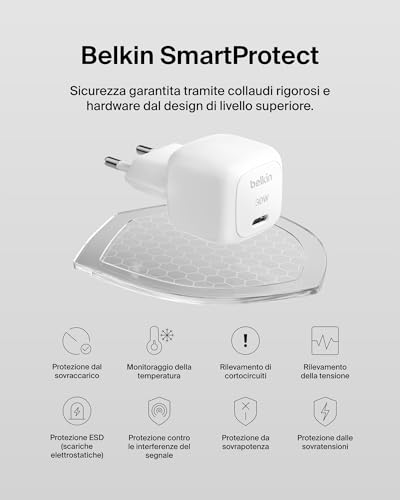 Belkin BoostCharge Caricabatteria da parete Compatto da 30W, Caricatore USB-C PD rapido da viaggio per Apple iPhone 17, Air, 16, Samsung Galaxy, iPad, AirPods, Tabletas, Pixel, Tablet e altro - Bianco - Immagine 5