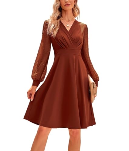 Vestidos de Mujer Vestido Skater de Manga Corta Escote en V Profundo Cintura Lazada Volante Mini Vestidos con Vuelo(Red,S)
