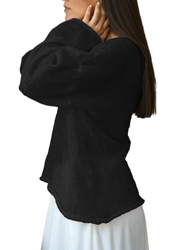 Women's Loose Fit Sheer Knit Sweater Round Neck Long Sleeve Solid Pullover Tops2