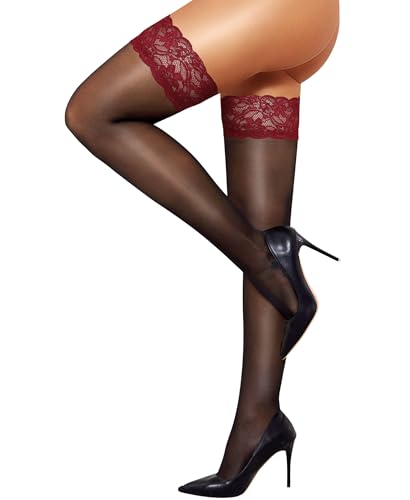 LUSLOVE Bas Autofixants Femme Sexy - Dentelle et Bande Silicone Antidérapante Mi‑Cuisse Taille Unique Compatible Porte‑Jarretelles Noir Rouge Taille unique