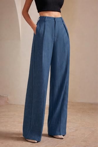 Image of KOTTY Women's Tailored Wide Leg Pinstripe Pants - High Waisted Straight Fit Work Trousers with Pockets, Elegant Office & Business Casual Wear
