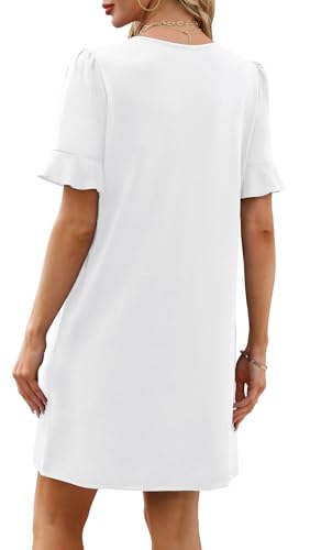 Image of OFEEFAN Summer Dresses for Women Ruffle Short Sleeve V Neck Casual Shift Dress with Pockets