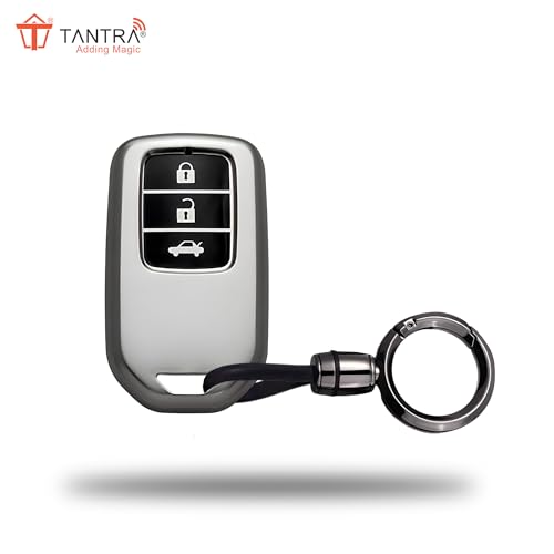 Image of SIAGO TPU Key Cover and Round Keychain Compatible for Honda City, Civic, Jazz, Amaze, CR-V, BR-v, WR-V with 3 Button Smart Key (Grey)