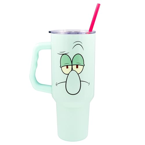 Silver Buffalo SpongeBob SquarePants Double Walled Stainless Steel Tumbler with Handle Featuring Squidward, Fits in Standard Cup Holder, 40 Ounces