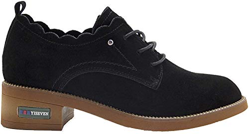 YISEVEN Botte en Cuir pour Femme Bottines a Talon Cheville Haut 3 CM Classiques Compensées Daim Chaussure avec Lacet Bloc Pointu Arrondi élégante Semelle Caoutchouc l'usure Quotidien Noir 38