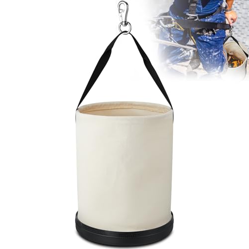 SilTriangle 1 Pack Canvas Bucket 15 x 12 Heavy Duty Lineman Tool Bag with Plastic Bottom & Metal Hook Electrician Tool Organizer for Jobsite Use Load Rated up to 150 Pounds (White)