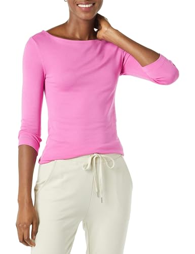 Amazon Essentials Women's Slim-Fit 3/4 Sleeve Boat Neck T-Shirt, Bright Pink, Small