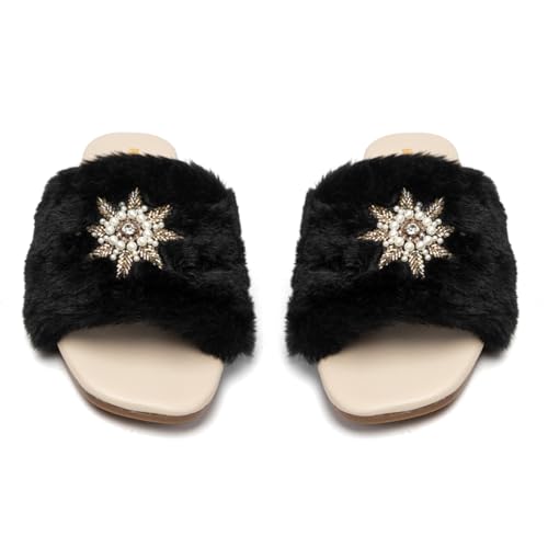 Taylor Women’s Black Luxury Handmade Slippers – Faux Fur Sliders with Diamanté Embellishment, Comfortable Plush Indoor Footwear2