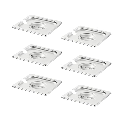 HECMAC 6-Pack 1/6 Size Notched Hotel Pan Cover, Heavy Duty, Stainless Steel Solid Steam Table Catering Food Pan Lid with Handle