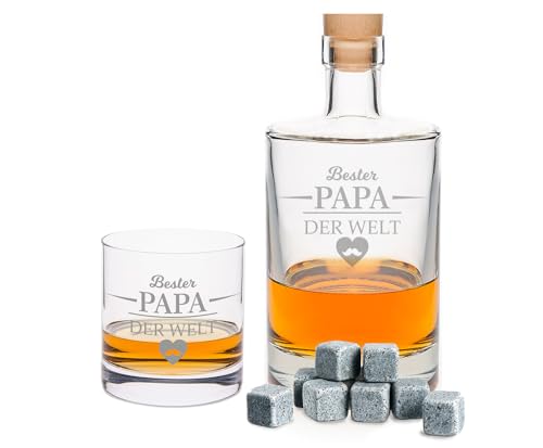 GRAVURZEILE Whisky Glass with Engraving and Carafe from Leonardo in Set – Bester Papa der Welt – 500 ml Whisky Carafe Gift Set – Includes 8X Cooling Stones – Gifts for Men for Father's Day