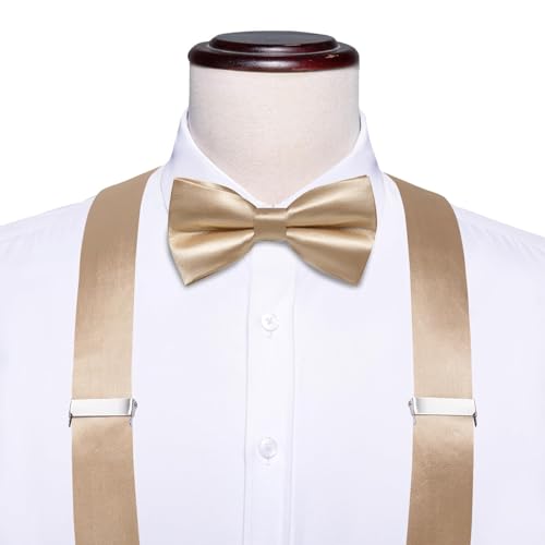 Image of Hi-Tie Men Suspender Bowtie Set Suspenders Pre-tied Bow Tie Pocket Square Cufflinks Adjustable Y Shape 6 Clips Braces Tuxedo