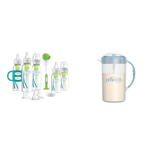 Image of Dr. Brown's Natural Flow® Anti-Colic Options+™ Narrow Bottle to Sippy Gift Set & Baby Formula Mixing Pitcher with Adjustable Stopper, Locking Lid, & No Drip Spout, 32oz, BPA Free, Blue